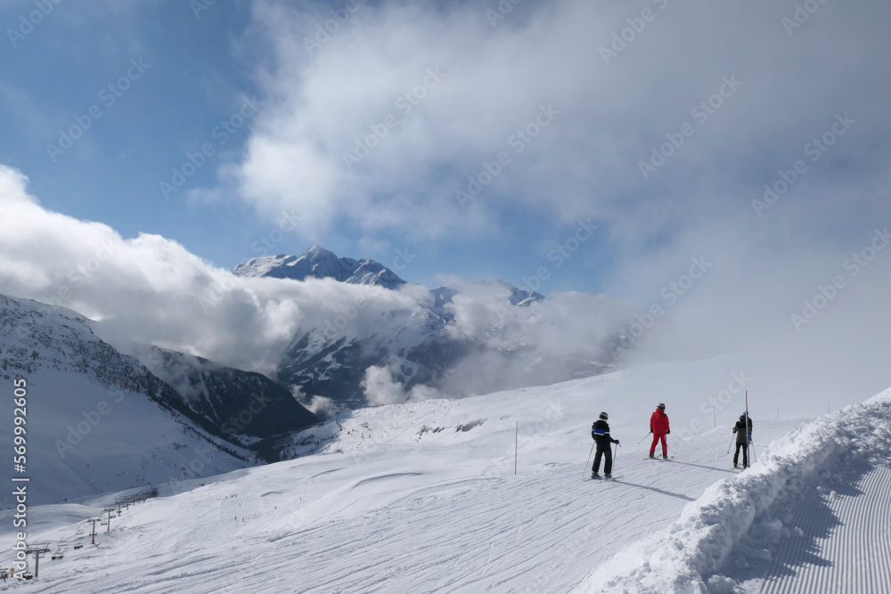 Ski slope in La Rosiere in France. French alps winter landscape.