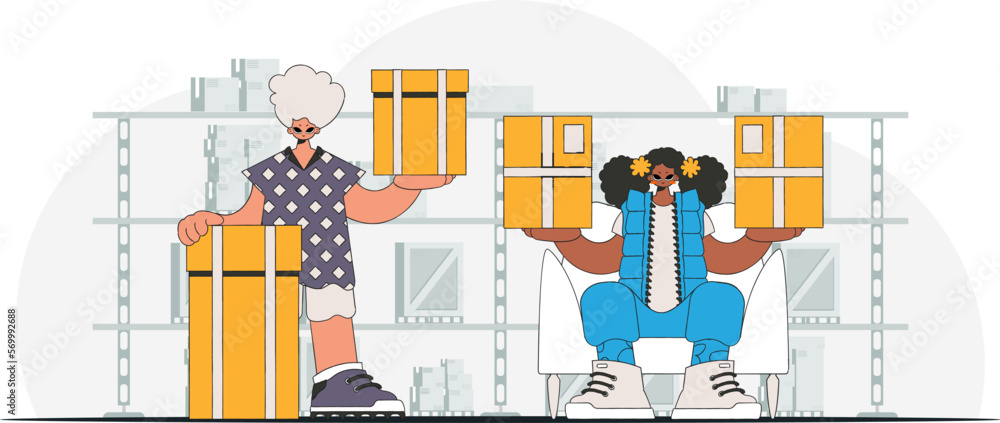 Delightful man and woman are holding boxes. Parcel delivery team. A depiction of the transportation of packages and freight