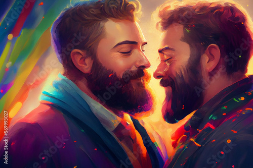 A passionate portrait of two gay men about to kiss, capturing the love and affection between partners, generative ai. A beautiful representation of love and commitment
