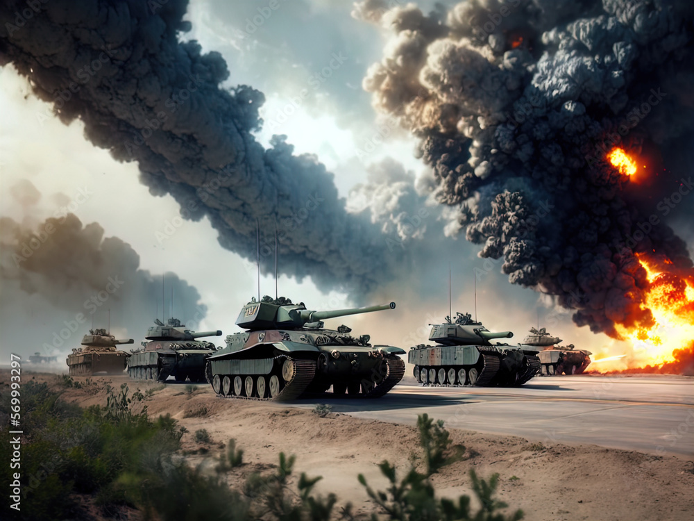 Fototapeta premium Tanks on a battlefield. Heavy bombardment. Fire. Explosions. Made with Generative AI. 