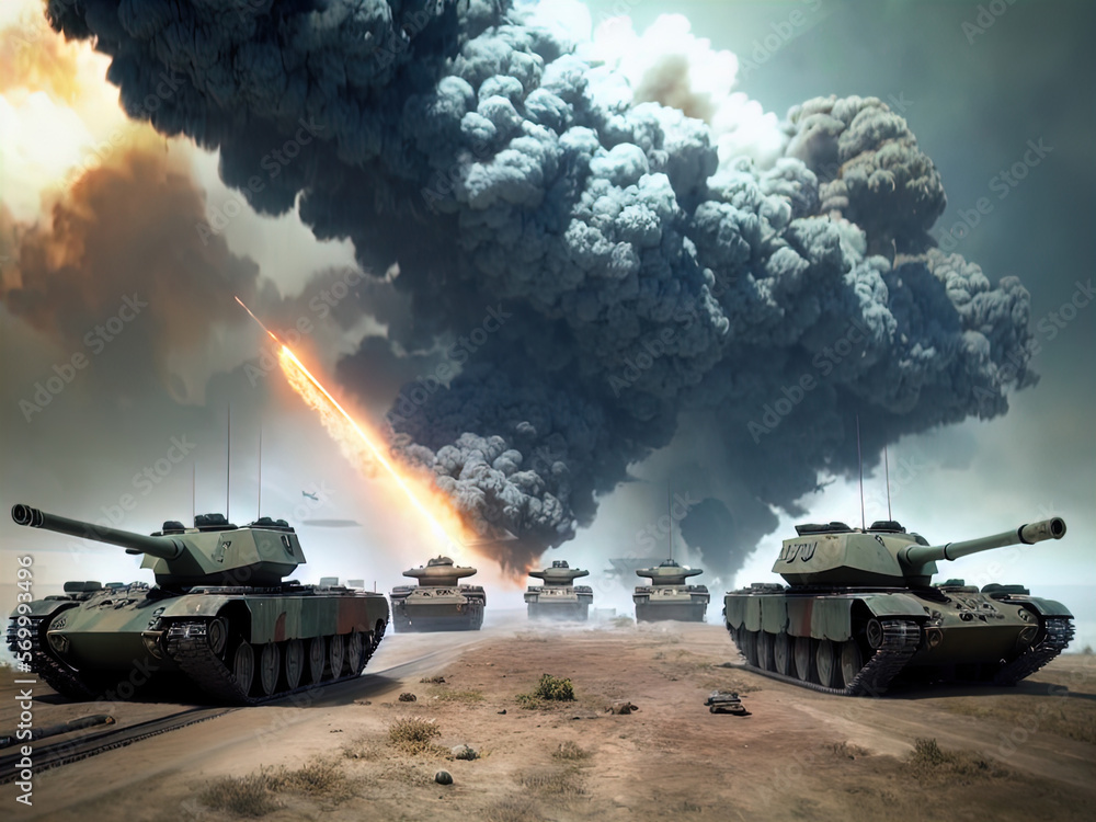 Obraz premium Tanks on a battlefield. Heavy bombardment. Fire. Explosions. Made with Generative AI. 