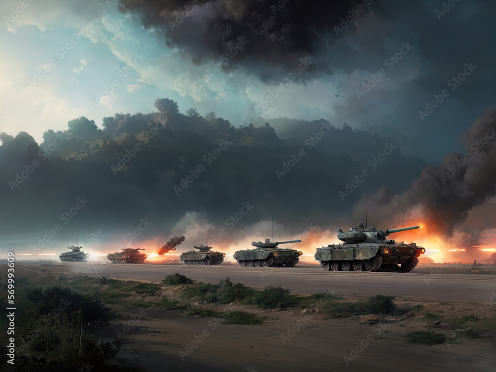 Fototapeta premium Tanks on a battlefield. Heavy bombardment. Fire. Explosions. Made with Generative AI. 