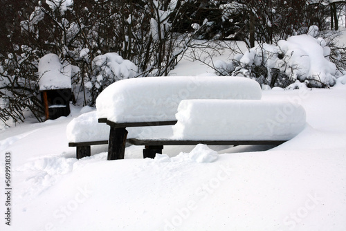 Wallpaper Mural Snow-covered tourist wooden table with bench. Torontodigital.ca