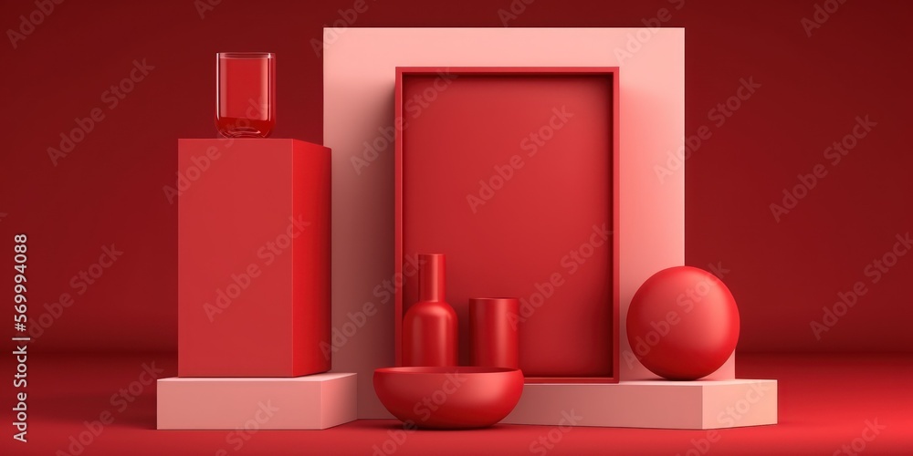 A red product presentation scene with a red podium and copy space. photography in a studio, front view. Generative AI A red product presentation scene with a red podium and copy space. photography in a studio, front view. Generative AI