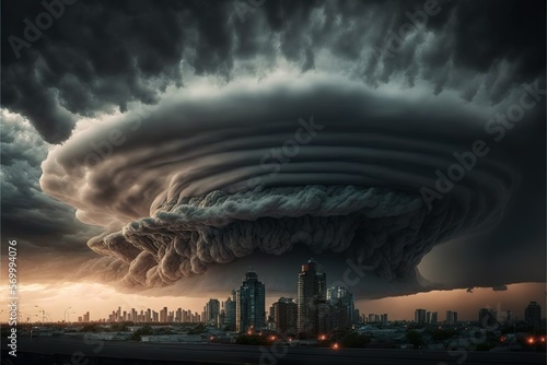 A powerful supercell storm above the city. Climate change concept. Generative AI