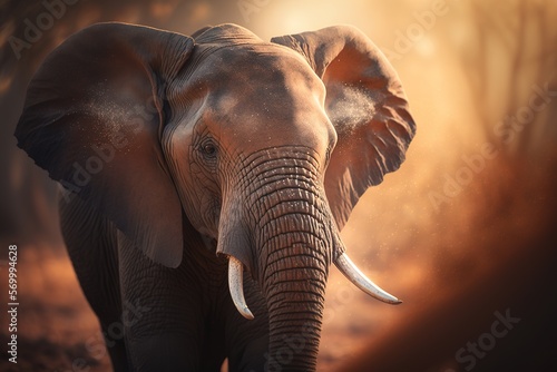 a photo-realistic elephant portrait illustration with depth of field and beautiful bokeh in dramatic lighting at dawn