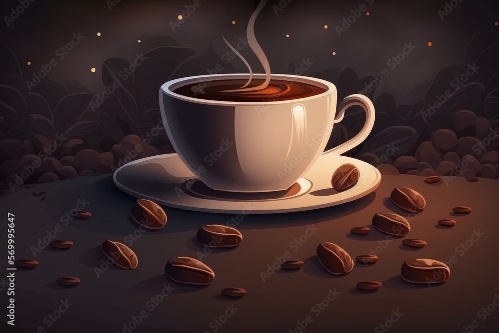 Obraz premium Background of coffee with white cup and beans. Copy space and a dark atmosphere. Generative AI
