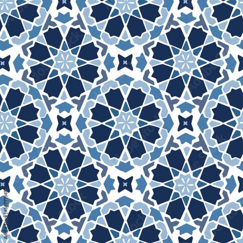 Hand drawn blue stars shaped Moroccan seamless pattern for Ramadan greeting cards, islamic background, fabric, web banner. Portuguese azulejos tile design. Decorative geometric vector illustrations