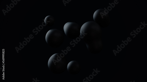 Minimal simple and beautiful black abstract background. 3d spheres or balls floating. Beautiful fashion wallpaper or template.