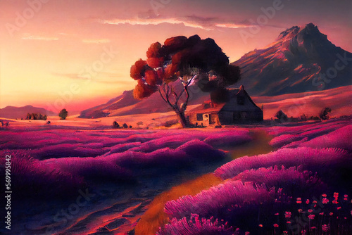 Beautiful lavender field at sunset. Generative AI. © EwaStudio