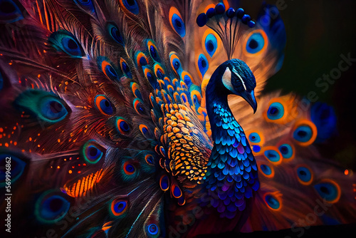 Brilliantly Colored Peacock. Generative AI