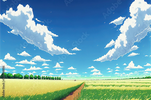a simple perspective anime landscape illustration i nsummer with clouds on the sky, generative ai technology photo