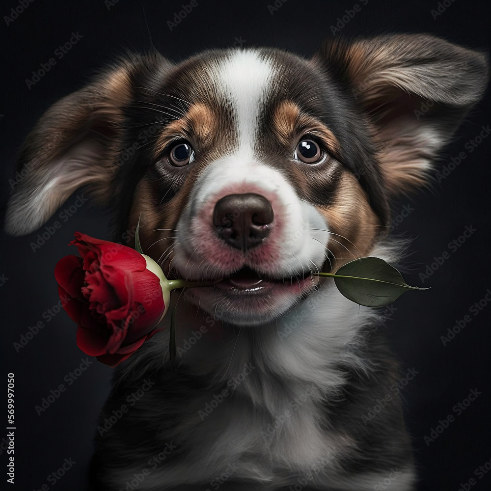 Portrait of a dog border collie, holding red rose in their teeth