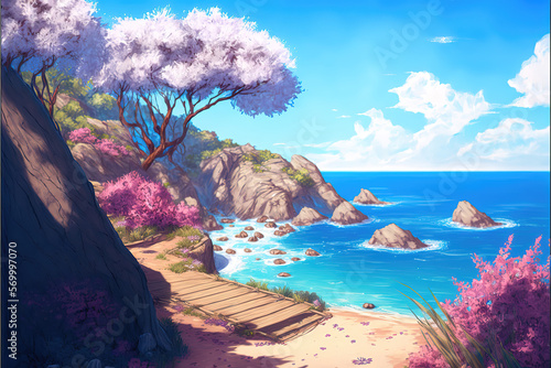 a peaceful fantasy place of a beach with cherry trees, generative ai technology