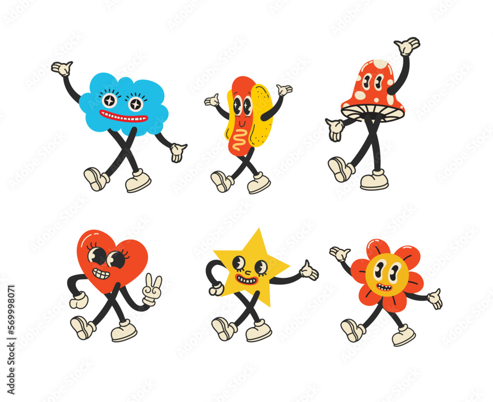 Obraz premium Groovy hippie love sticker character. Comic happy mushroom, hot dog and cloud character with wings in trendy retro 60s 70s cartoon style. Vintage isolated vector illustration.
