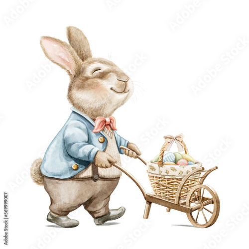 Canvas Print Watercolor vintage boy bunny rabbit in suit carrying cart with basket of Easter eggs isolated on white background