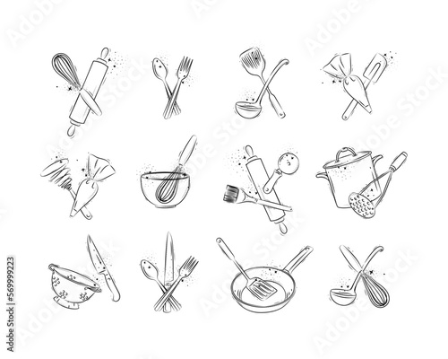 Kitchen stuff to prepare food and bakery drawing in graphic style on grey background