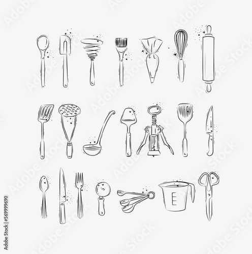 Kitchen utensils to prepare food and bakery drawing in graphic style on grey background