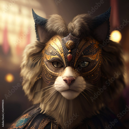 Carnival cat in a mask. Egyptian cat. Tsar, Cat in Mardi Gras mask. Generative AI