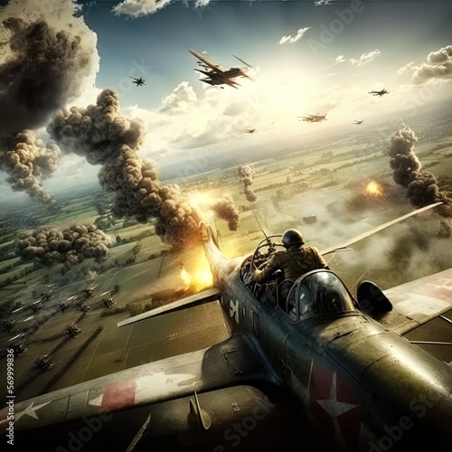 World War 2 aerial battle. Action scene. Made with Generative AI. photo