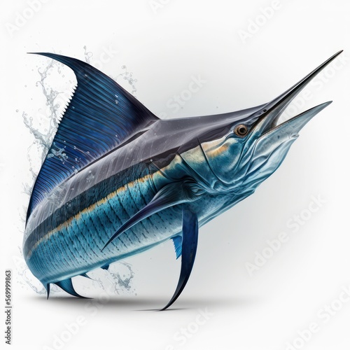 Fototapeta Detailed illustration of a blue marlin swordfish jumping out of the ocean isolat