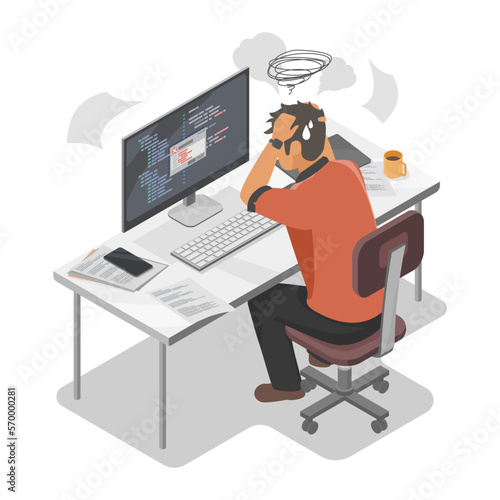 Stress at work in workplace stress crisis or work too hard over times with Problem bad mental health times Software Engineer Programer Hard working rush illustration isometric isolated vector cartoon