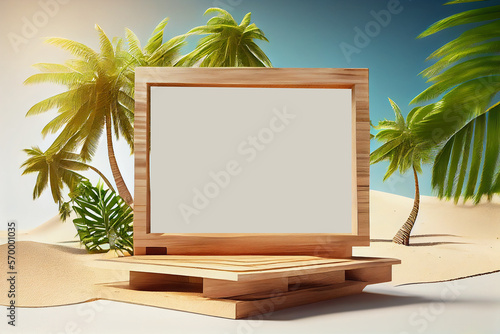 Empty nature wooden stand and Empty mockup  Copy space banner for text  blur beach summer season and coconut tree background. Product presentation  Generative AI.