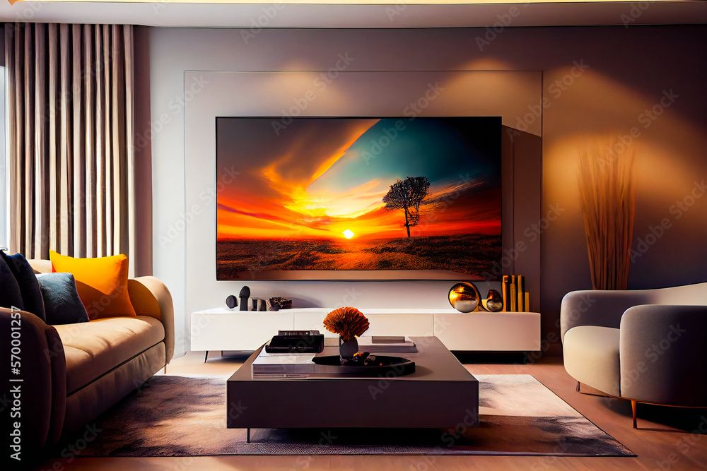Living room with Big TV on the  wall in the room in a modern style. Elegant lixury living room with big tv screen.  Generative AI. - obrazy, fototapety, plakaty 