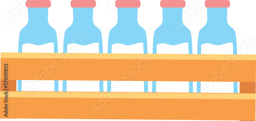 Milk bottles in wooden box. Cartoon dairy