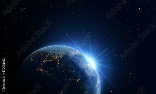 Sunlight ascending over Earth in outer space, 3D Rendering