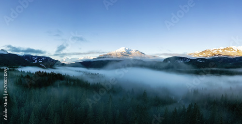 Green Trees in Forest with Fog and Mountains. Winter Sunny Sunrise. Canadian Nature Landscape Background. Near Squamish, British Columbia, Canada. Panorama