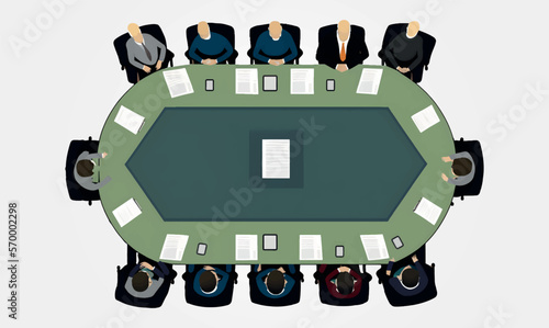 vector illustration of meeting table with business people, top view