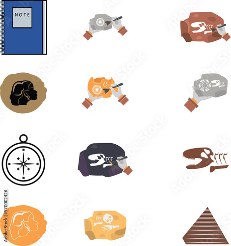 Set of archeology cartoon vector illustration isolated on white background. Archeologist tools shovel, pickaxe, hammer, magnifying glass, brush. Skull and bones in the sand, broken vase, fossil