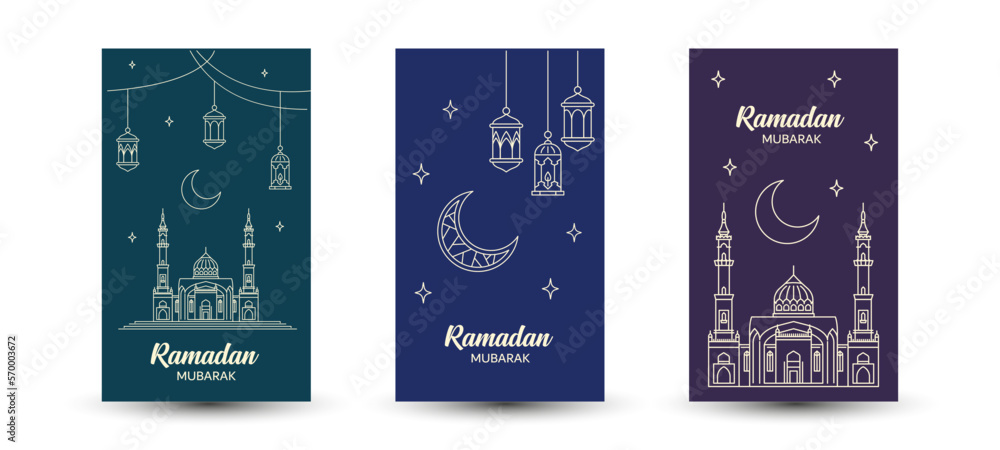 Naklejka premium Boho style islamic mosque. Ramadan mubarak beautiful muslim lanterns. Set of postcards concept design