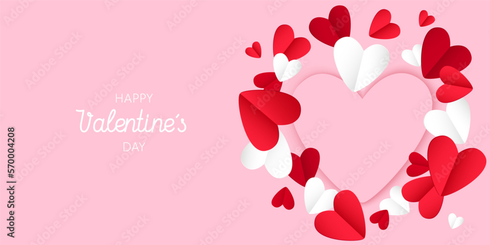 Happy Valentine's Day pink banner in paper cut style. Red and white hearts on a pink background. EPS 10.