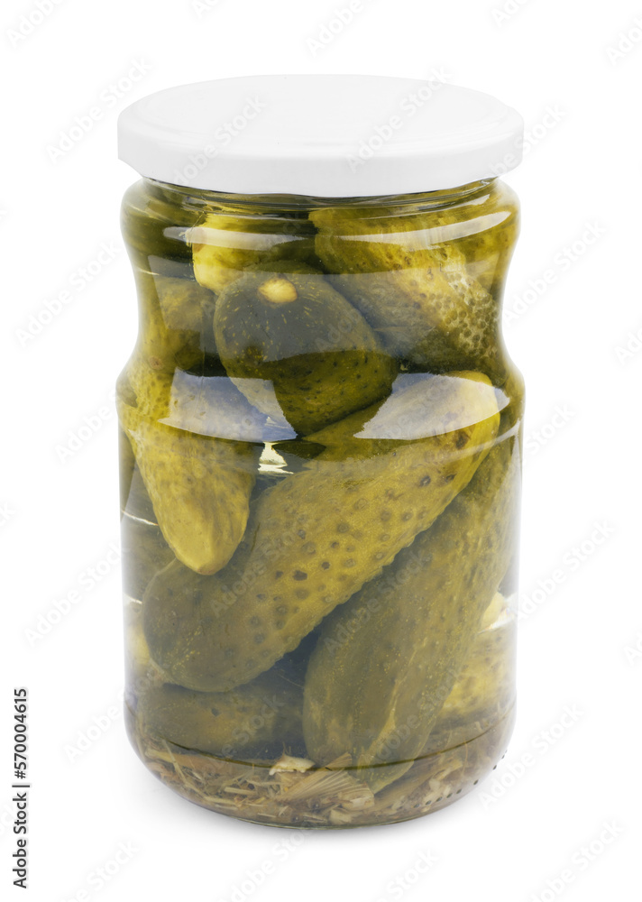 Pickled cucumbers isolated. Pickles in glass jar isolated on white background. with clipping path Pickled cucumbers isolated. Pickles in glass jar isolated on white background. with clipping path