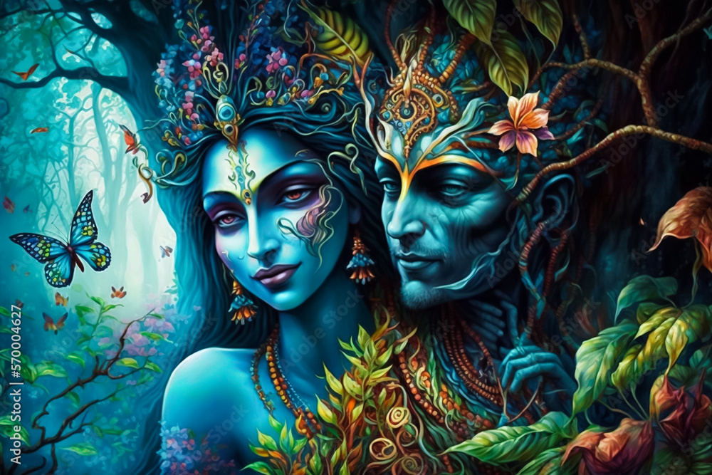 Radha Krishna meets in a beautiful magical world fine art. Generative AI
