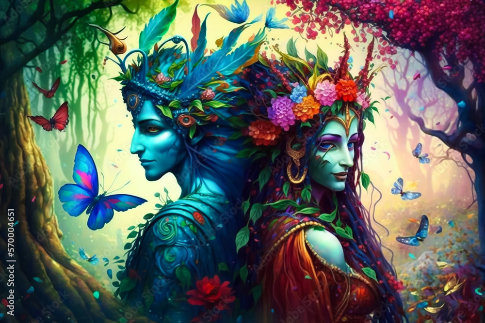 Fototapeta premium Radha Krishna meets in a beautiful magical world fine art. Generative AI