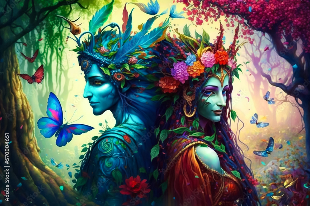 Radha Krishna meets in a beautiful magical world fine art. Generative AI