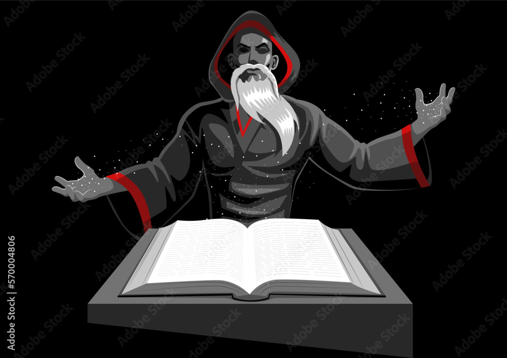 Wizard casts his magic by reading a spell book Wizard casts his magic by reading a spell book