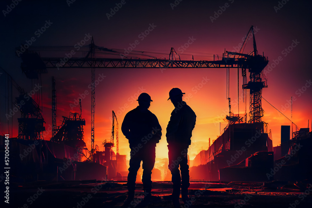 Silhouette of Engineer and worker  at building site background, construction site at sunset.  Generative AI.