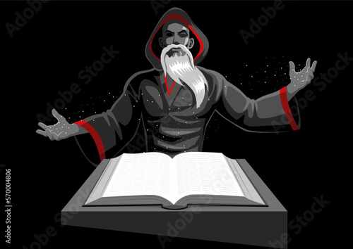 Wizard casts his magic by reading a spell book