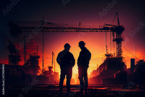 Silhouette of Engineer and worker at building site background, construction site at sunset. Generative AI.