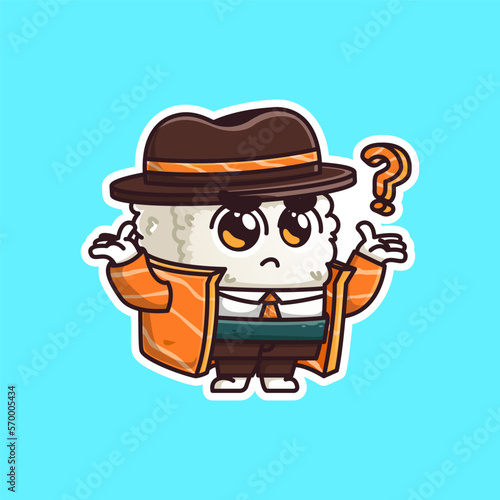 cute detective sushi asking question with hand raised