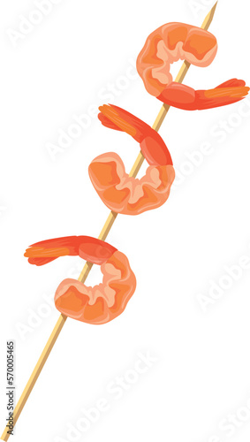 Roasted shrimps on wooden stick. Cartoon seafood barbecue