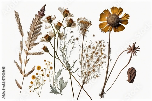 Dry Pressed Wild Flowers Isolated on White Background, Collection of Natural Elements, Made in Part With Generative AI 