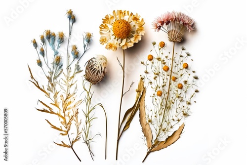 Dry Pressed Wild Flowers Isolated on White Background, Collection of Natural Elements, Made in Part With Generative AI
