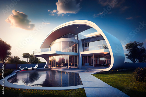 Ultra Modern future Villa wit pool and garden. Generative AI.