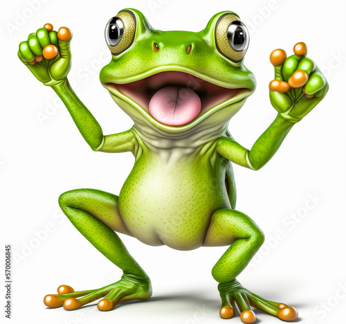 A funny little green frog that raises its arms to the sky to express its joy. A fun and cute mascot on a white background  ideal to communicate with humor and emotion. Generative AI