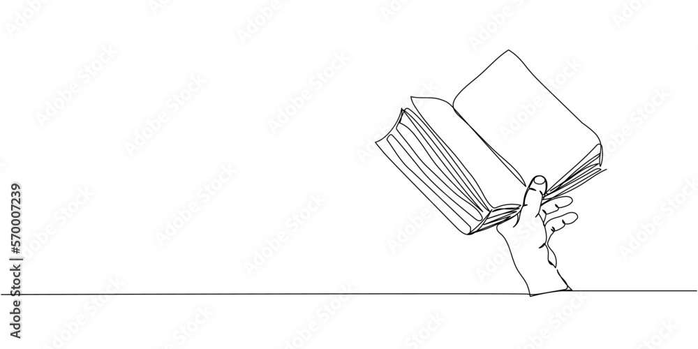 Hand holding open book. Line art. Reading, education concept. Hand